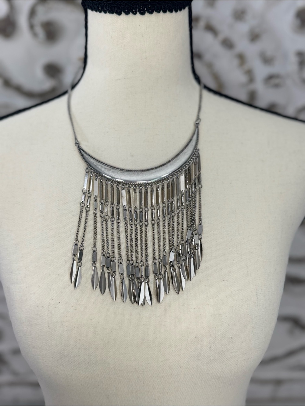 Silver Tone Fringe Statement Necklace Boho Tribal Layered Chain Bib Necklace